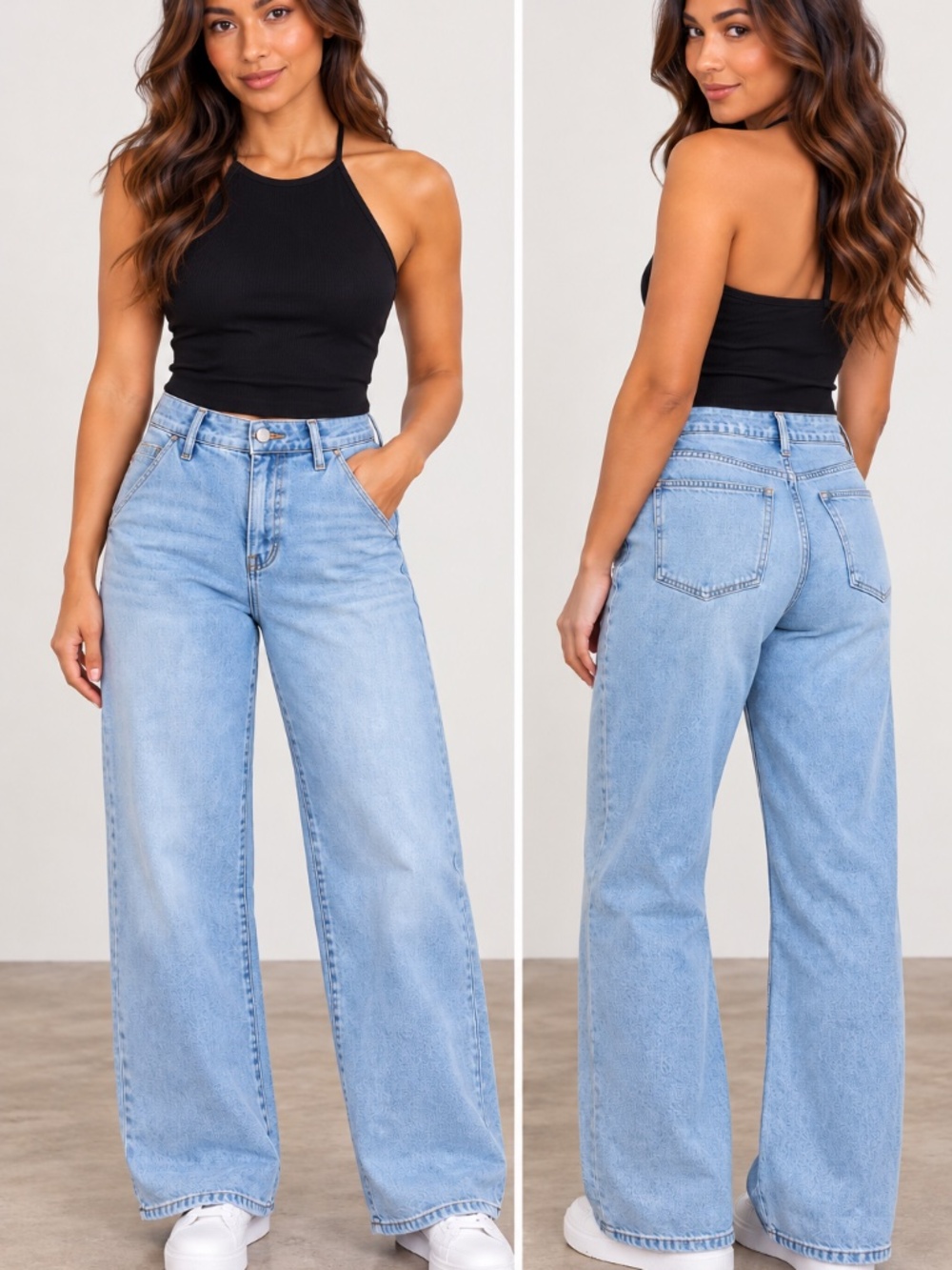 Risen ight-wash, wide-leg denim jeans